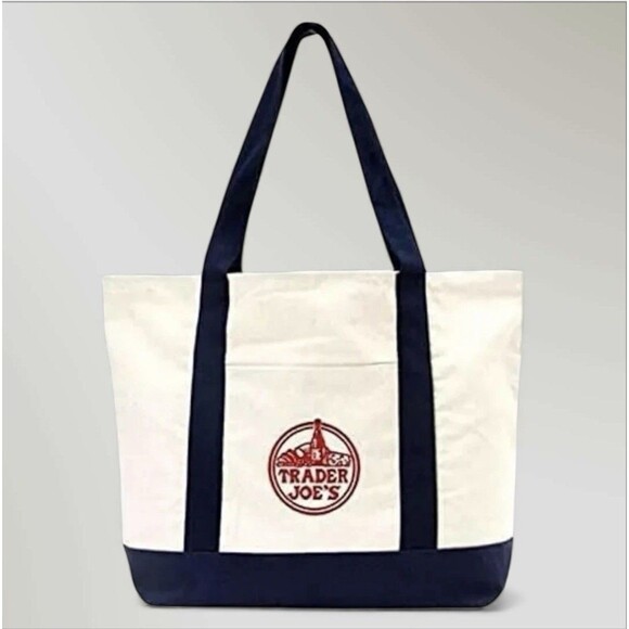 NWT Trader Joes Reusable Tote Bag Canvas Eco Heavy Duty Navy Blue White, NEW - Picture 2 of 4